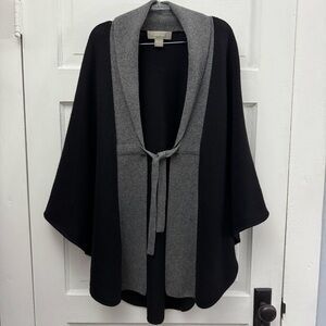 Ply Cashmere 100% Cashmere Poncho Wrap Black Gray Tie One Size
